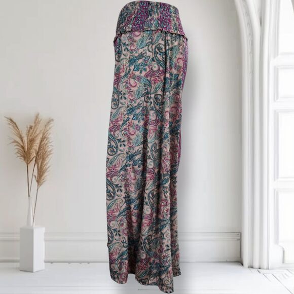 Karma Highway Palazzo Wide Leg Pants One Size Smocked Waist Boho Paisley Viscose - Picture 10 of 14